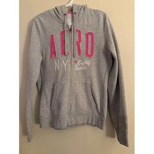Aeropostale Womens Gray Pink Logo Full Zip Hoodie Sweatshirt NY 1987 Graphic